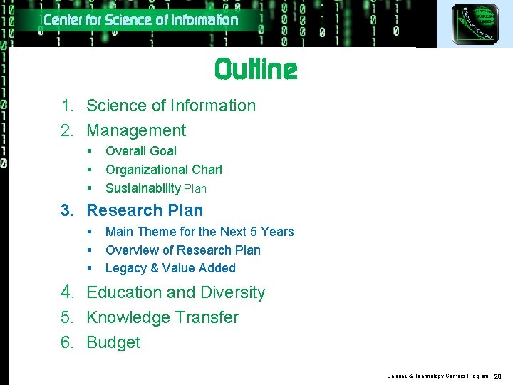 Center for Science of Information Outline 1. Science of Information 2. Management § §