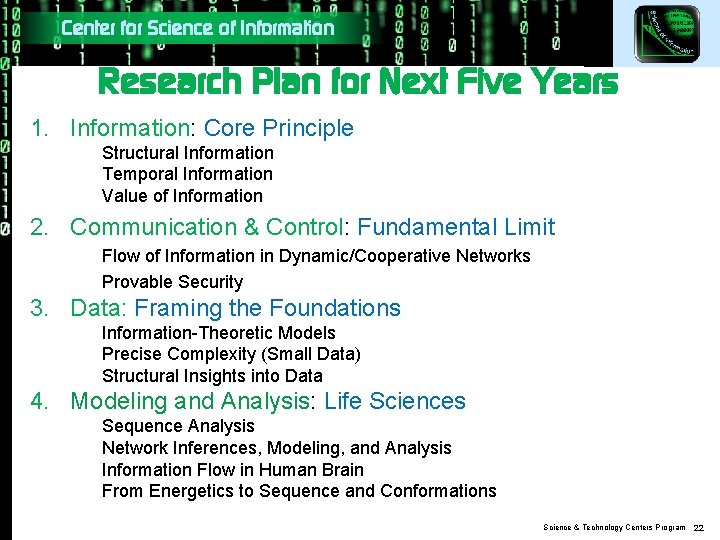 Center for Science of Information Research Plan for Next Five Years 1. Information: Core