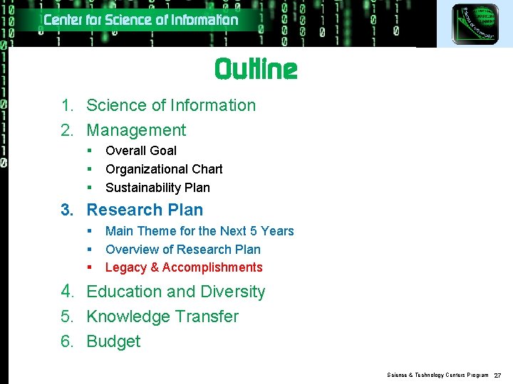 Center for Science of Information Outline 1. Science of Information 2. Management § §