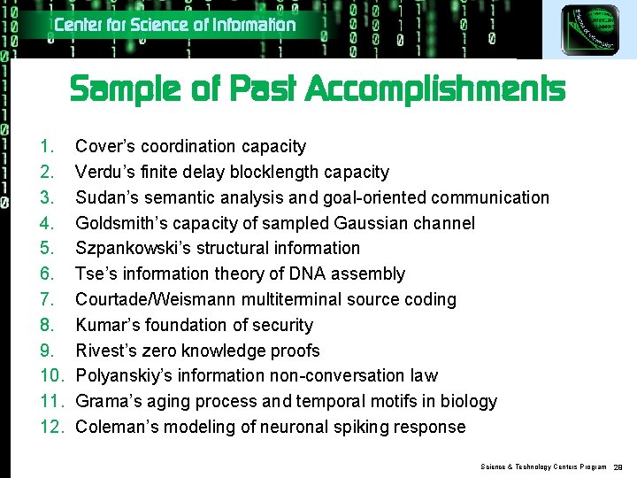 Center for Science of Information Sample of Past Accomplishments 1. 2. 3. 4. 5.