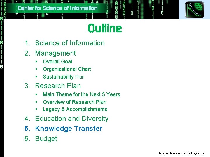 Center for Science of Information Outline 1. Science of Information 2. Management § §