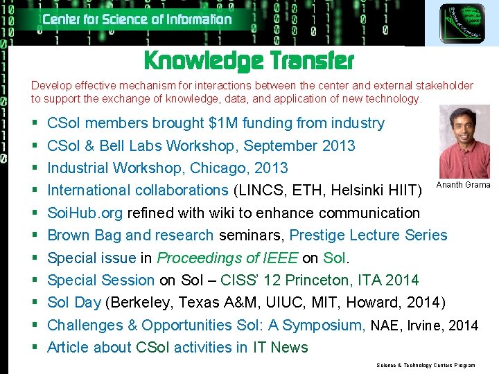 Center for Science of Information Knowledge Transfer Develop effective mechanism for interactions between the