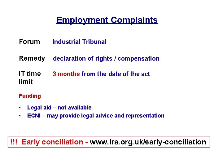 Employment Complaints Forum Industrial Tribunal Remedy declaration of rights / compensation IT time limit