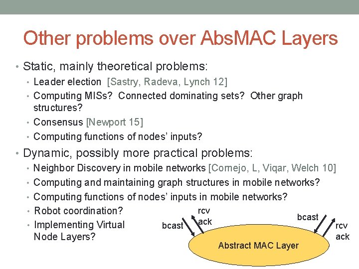 Other problems over Abs. MAC Layers • Static, mainly theoretical problems: • Leader election