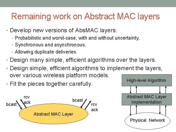 Remaining work on Abstract MAC layers • Develop new versions of Abs. MAC layers: