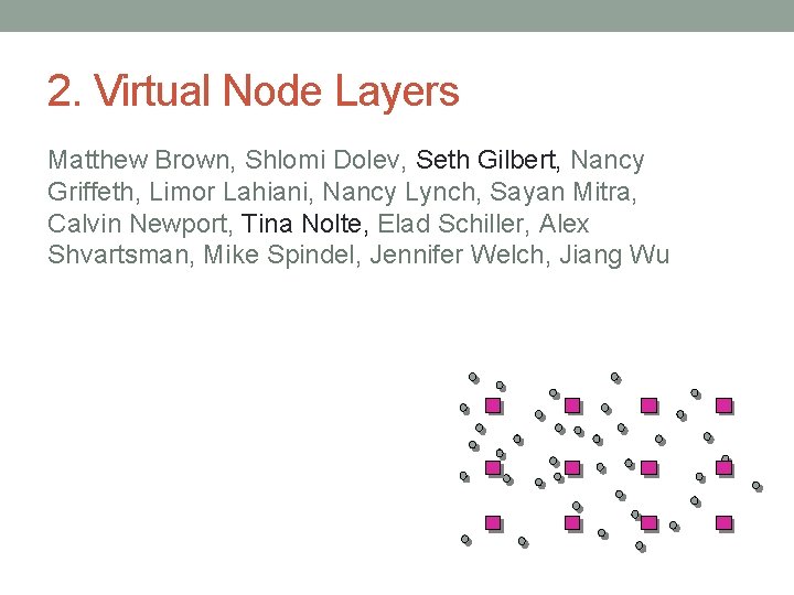 2. Virtual Node Layers Matthew Brown, Shlomi Dolev, Seth Gilbert, Nancy Griffeth, Limor Lahiani,