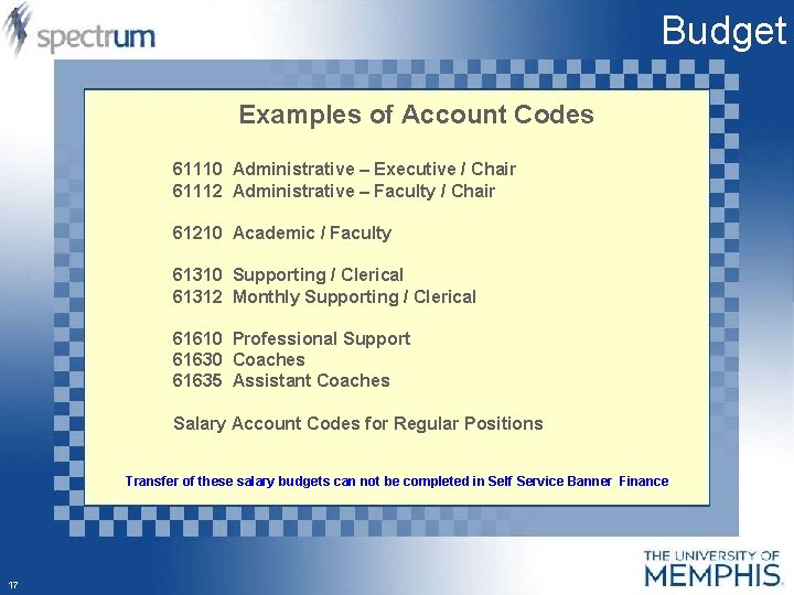 Budget Examples of Account Codes 61110 Administrative – Executive / Chair 61112 Administrative –