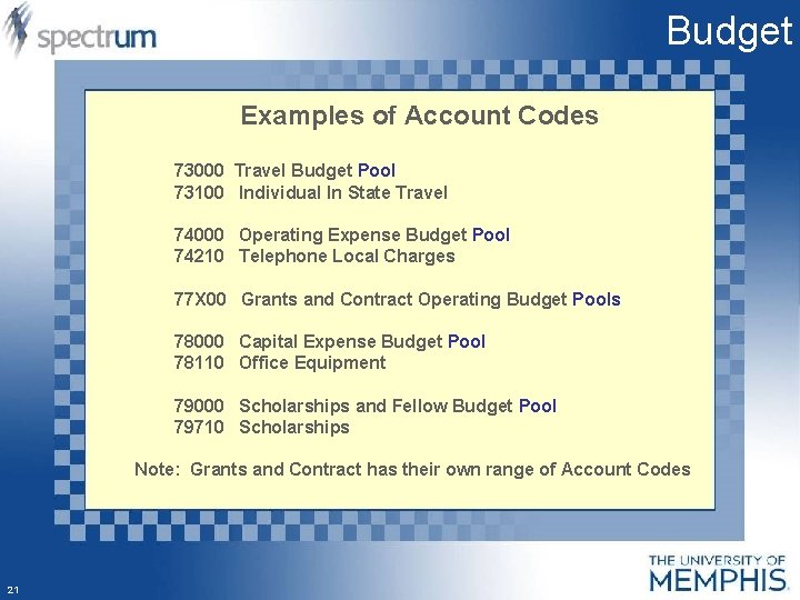 Budget Examples of Account Codes 73000 Travel Budget Pool 73100 Individual In State Travel