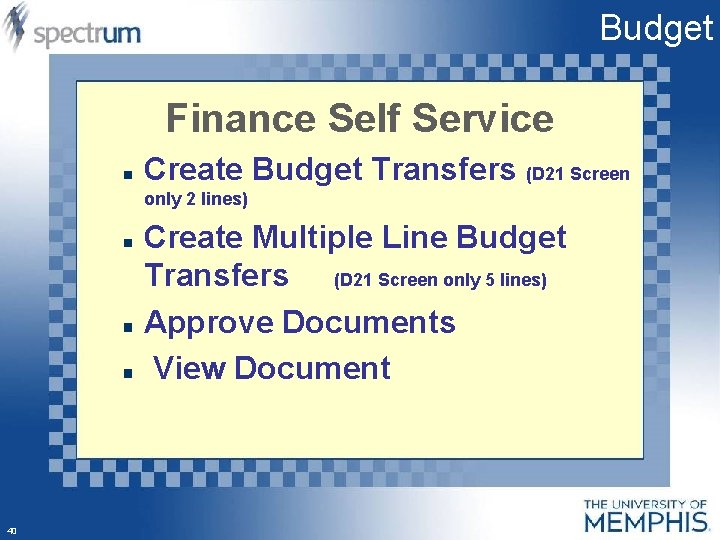 Budget Finance Self Service Create Budget Transfers (D 21 Screen only 2 lines) Create