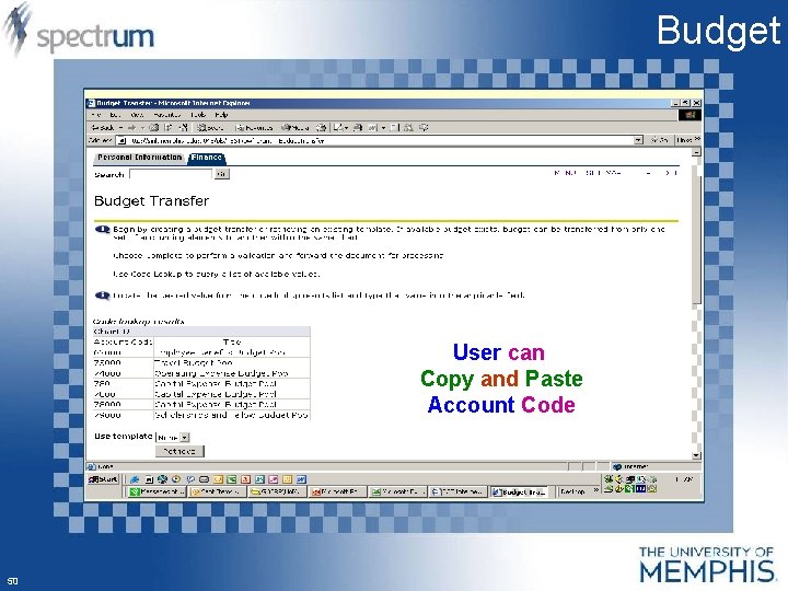 Budget User can Copy and Paste Account Code 50 