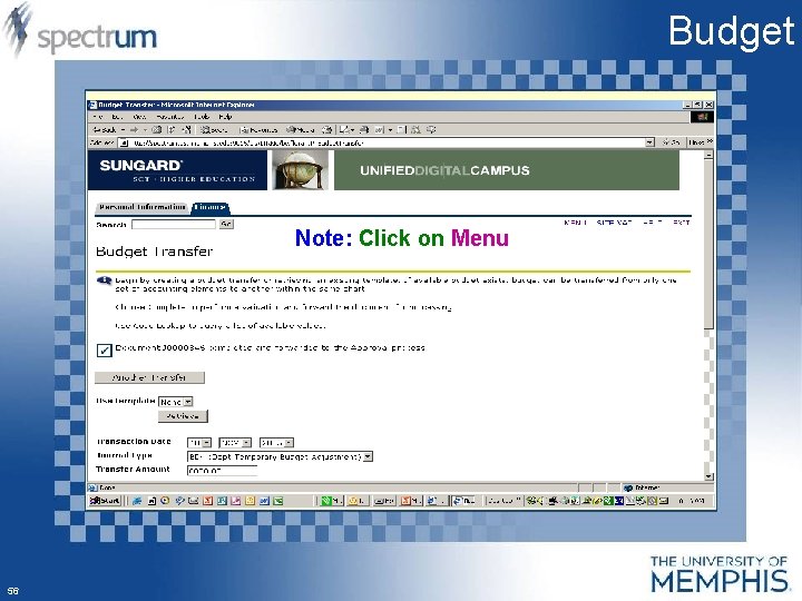 Budget Note: Click on Menu 56 