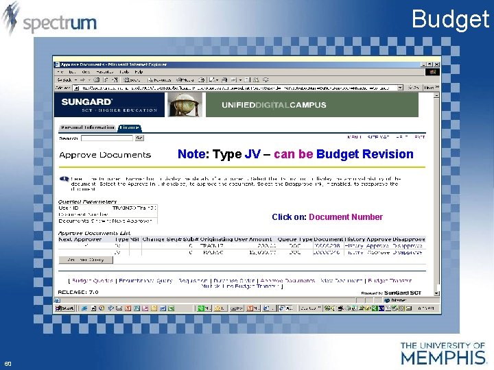 Budget Note: Type JV – can be Budget Revision Click on: Document Number 60