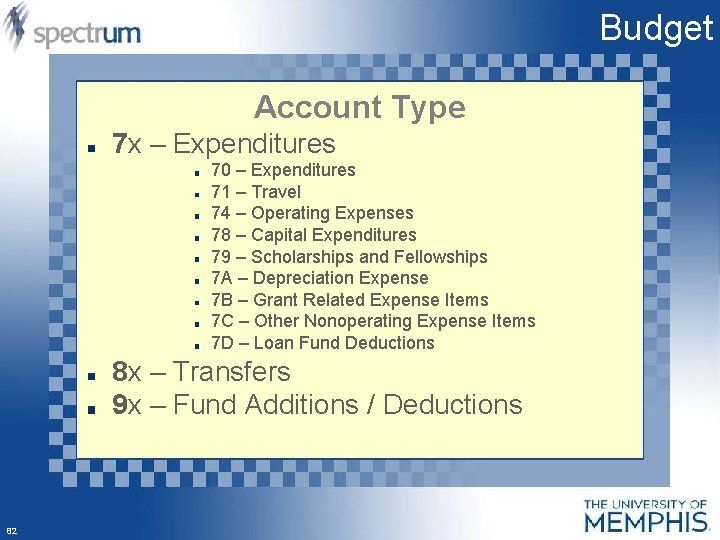 Budget Account Type 7 x – Expenditures 70 – Expenditures 71 – Travel 74