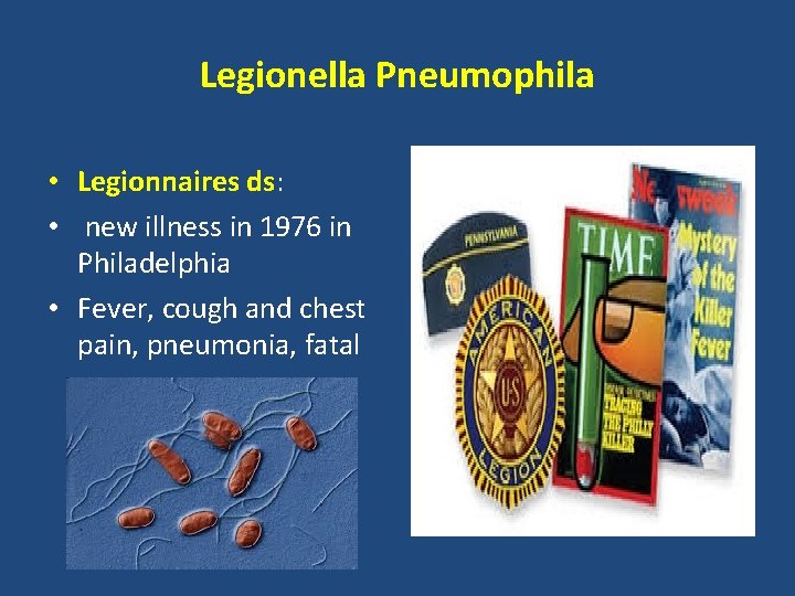 Legionella Pneumophila • Legionnaires ds: • new illness in 1976 in Philadelphia • Fever,