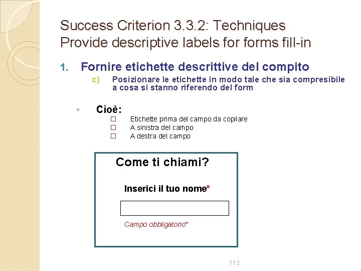 Success Criterion 3. 3. 2: Techniques Provide descriptive labels forms fill-in Fornire etichette descrittive