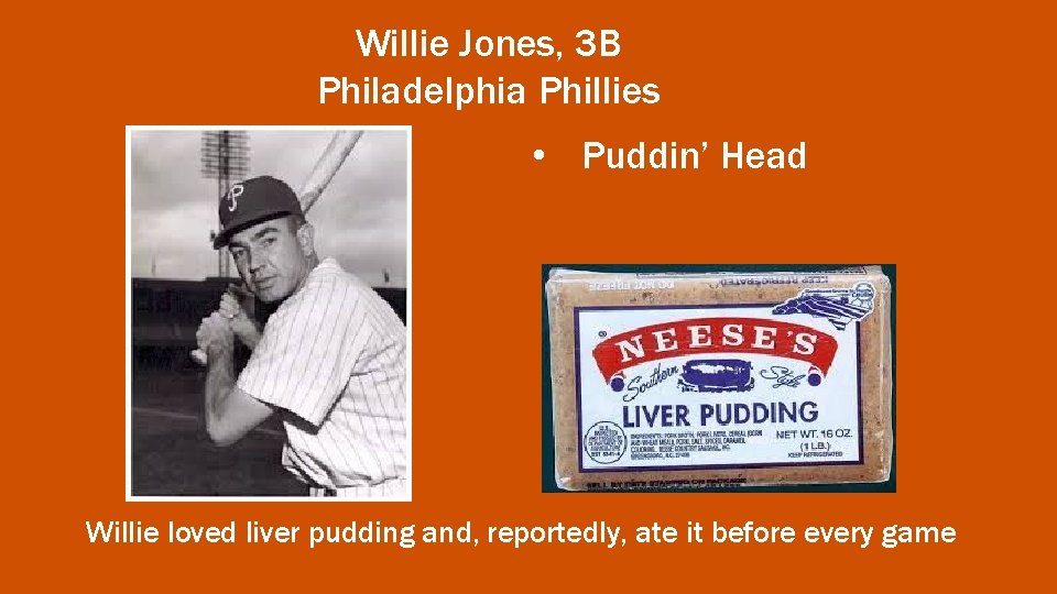 Willie Jones, 3 B Philadelphia Phillies • Puddin’ Head Willie loved liver pudding and,