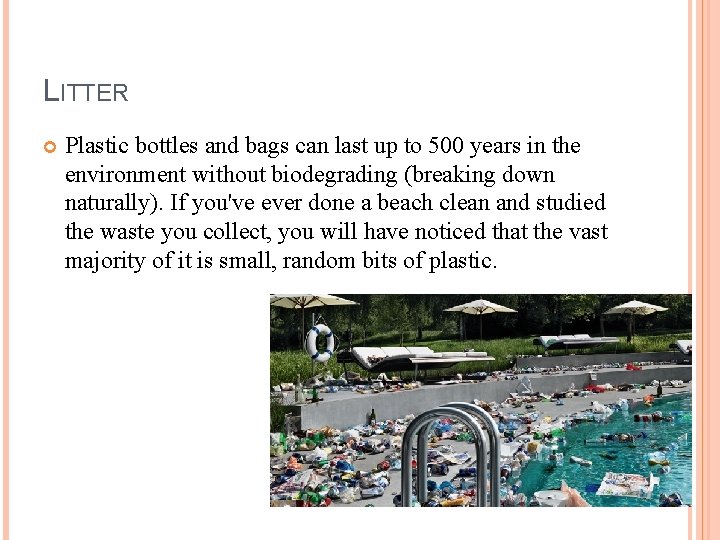 LITTER Plastic bottles and bags can last up to 500 years in the environment