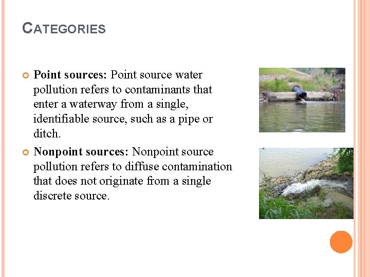 CATEGORIES Point sources: Point source water pollution refers to contaminants that enter a waterway