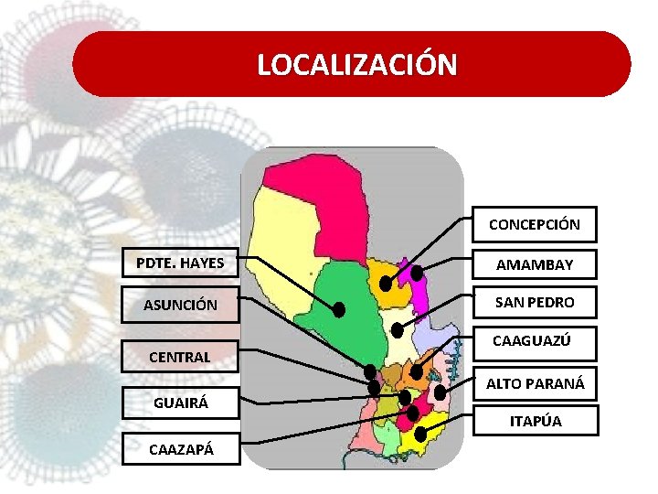 LOCALIZACIÓN CONCEPCIÓN PDTE. HAYES AMAMBAY ASUNCIÓN SAN PEDRO CENTRAL GUAIRÁ CAAZAPÁ CAAGUAZÚ ALTO PARANÁ