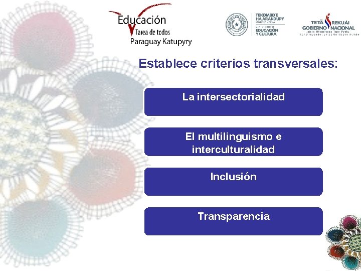 Establece criterios transversales: La intersectorialidad El multilinguismo e interculturalidad Inclusión Transparencia 