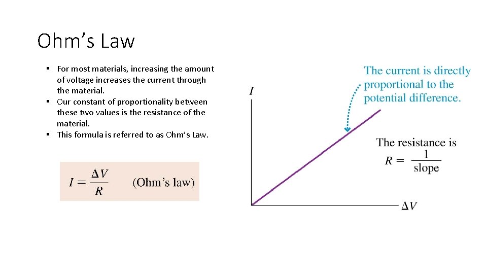 Ohm’s Law § For most materials, increasing the amount of voltage increases the current