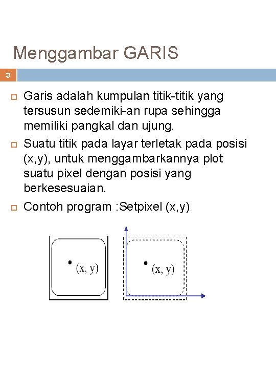 Menggambar GARIS 3 Garis adalah kumpulan titik-titik yang tersusun sedemiki-an rupa sehingga memiliki pangkal