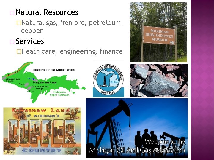 � Natural Resources �Natural gas, iron ore, petroleum, copper � Services �Heath care, engineering,