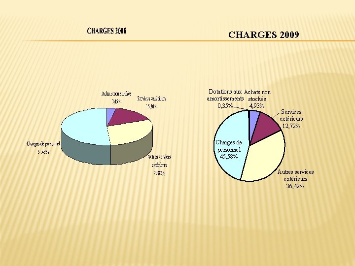 CHARGES 2009 Dotations aux Achats non amortissements stockés 0, 35% 4, 93% Services extérieurs