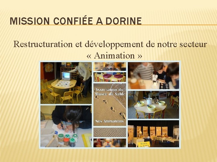 MISSION CONFIÉE A DORINE Restructuration et développement de notre secteur « Animation » 