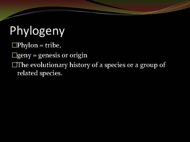 Phylogeny �Phylon = tribe, �geny = genesis or origin �The evolutionary history of a