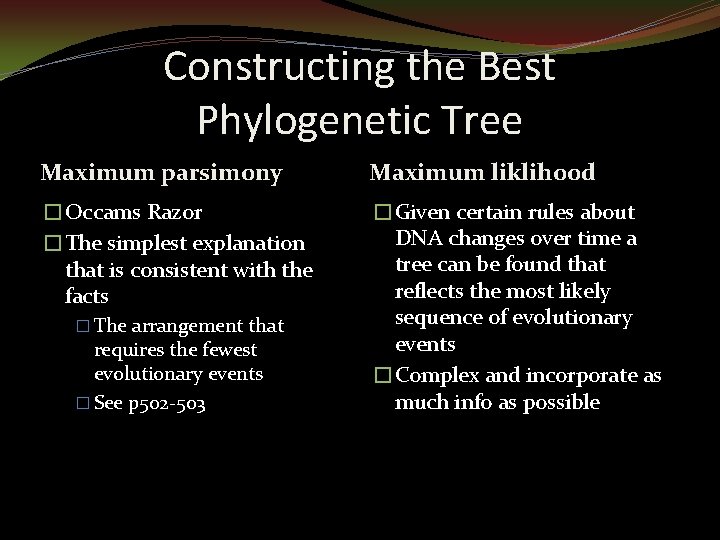 Constructing the Best Phylogenetic Tree Maximum parsimony Maximum liklihood �Occams Razor �The simplest explanation