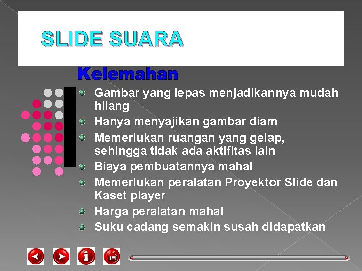 SLIDE SUARA Gambar yang lepas menjadikannya mudah hilang Hanya menyajikan gambar diam Memerlukan ruangan