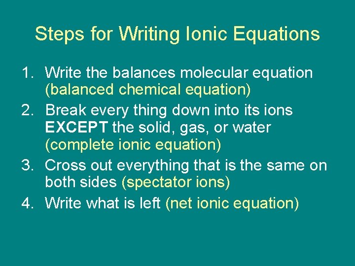 Steps for Writing Ionic Equations 1. Write the balances molecular equation (balanced chemical equation)