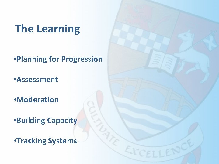 The Learning • Planning for Progression • Assessment • Moderation • Building Capacity •