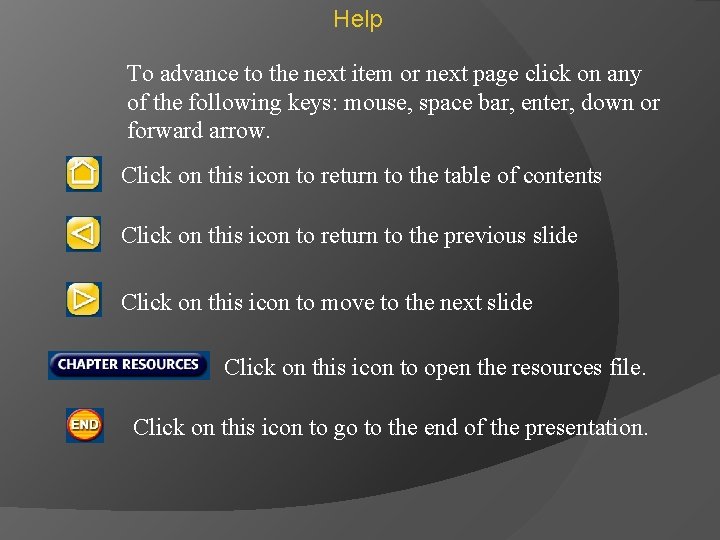 Help To advance to the next item or next page click on any of