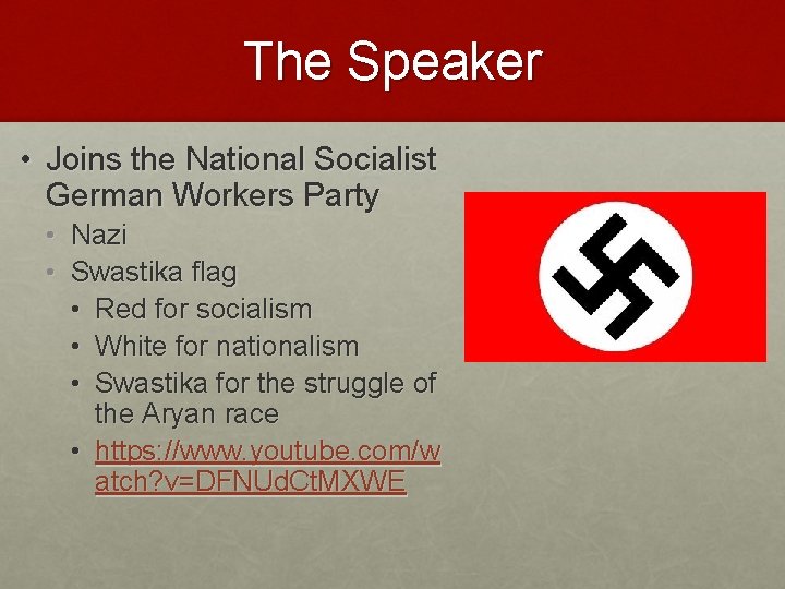 The Speaker • Joins the National Socialist German Workers Party • Nazi • Swastika