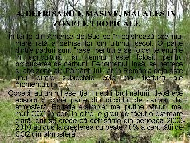 4. DEFRIȘĂRILE MASIVE, MAI ALES ÎN ZONELE TROPICALE În țările din America de Sud