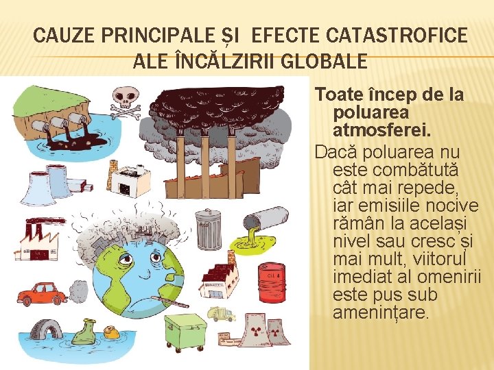 CAUZE PRINCIPALE ȘI EFECTE CATASTROFICE ALE ÎNCĂLZIRII GLOBALE Toate încep de la poluarea atmosferei.