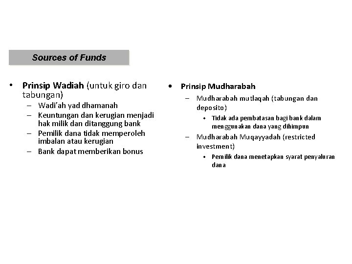 Sources of Funds • Prinsip Wadiah (untuk giro dan tabungan) – Wadi’ah yad dhamanah