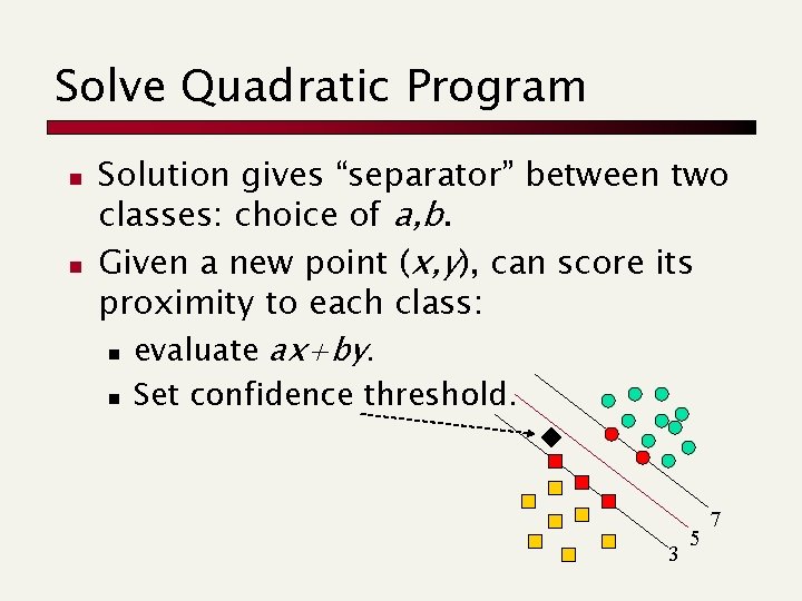 Solve Quadratic Program n n Solution gives “separator” between two classes: choice of a,