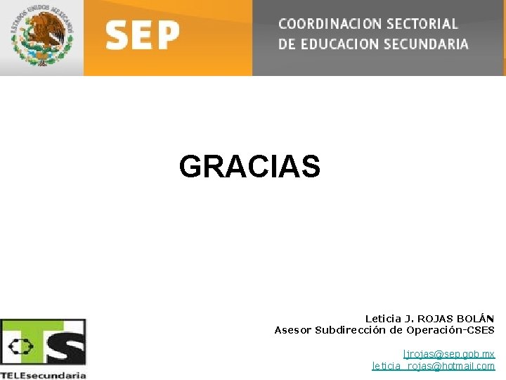 GRACIAS Leticia J. ROJAS BOLÁN Asesor Subdirección de Operación-CSES ljrojas@sep. gob. mx leticia_rojas@hotmail. com