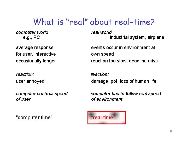 What is “real” about real-time? computer world e. g. , PC real world industrial