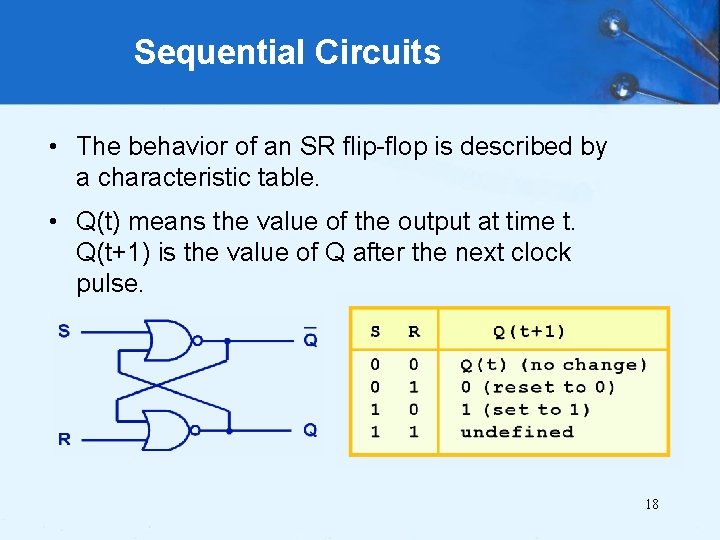 Sequential Circuits • The behavior of an SR flip-flop is described by a characteristic