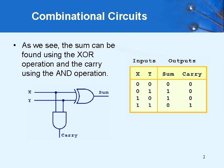 Combinational Circuits • As we see, the sum can be found using the XOR