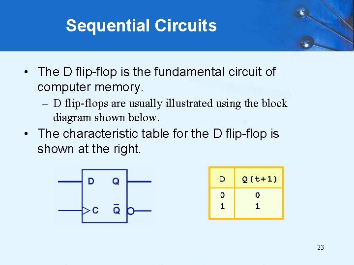 Sequential Circuits • The D flip-flop is the fundamental circuit of computer memory. –