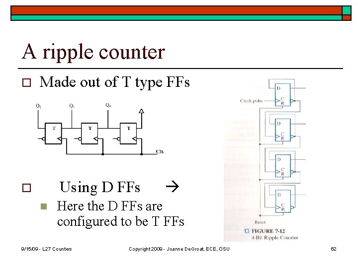 A ripple counter o Made out of T type FFs Using D FFs o