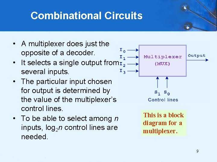 Combinational Circuits • A multiplexer does just the opposite of a decoder. • It