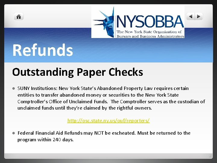 Refunds Outstanding Paper Checks l SUNY Institutions: New York State’s Abandoned Property Law requires