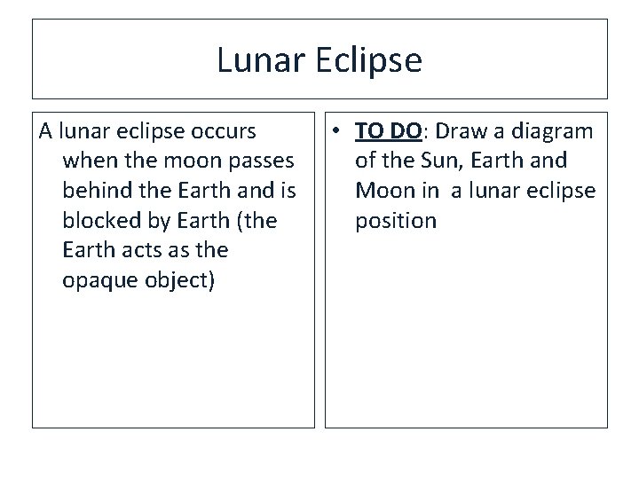 Lunar Eclipse A lunar eclipse occurs when the moon passes behind the Earth and