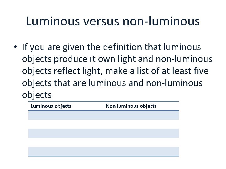 Luminous versus non-luminous • If you are given the definition that luminous objects produce